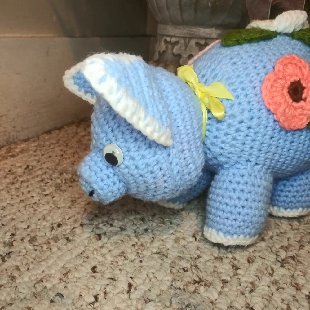 3/$18 Vtge. Blue/White Hand Crocheted Cottagecore Style Pig With Pastel Flowers